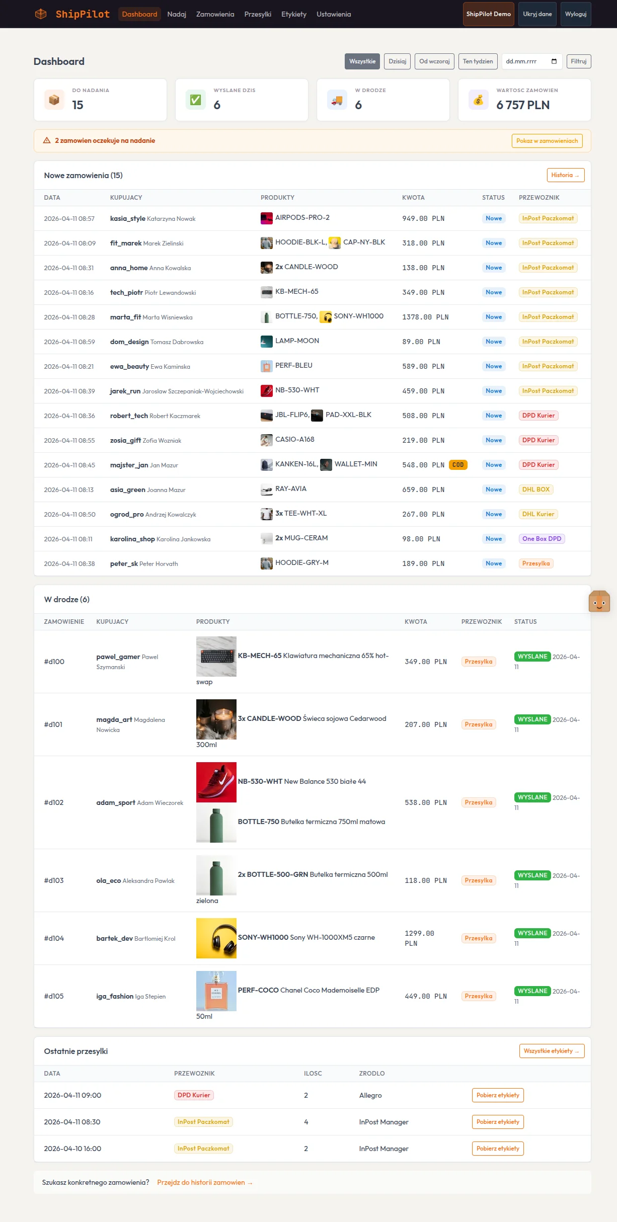 Dashboard — kafelki przewoźników, statystyki, ostatnie zamówienia