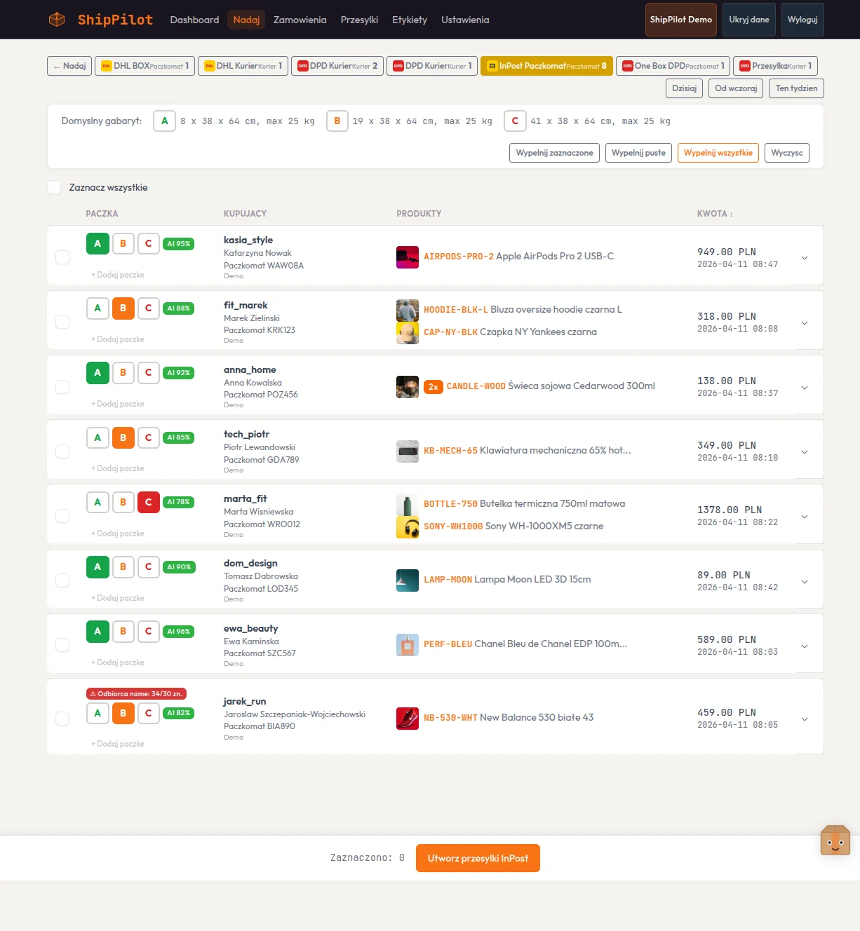Nadaj InPost — formularz z AI sugestią gabarytu